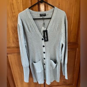 NWT Karl Lagerfeld Ribbed Cardigan in Silver sz XL black buttons & front pockets